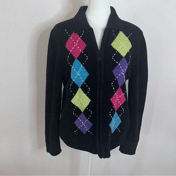 Alfred Dunner Black Argyle Print Chenille Collared Zip Cardigan |Size MP| - Picture 2 of 6